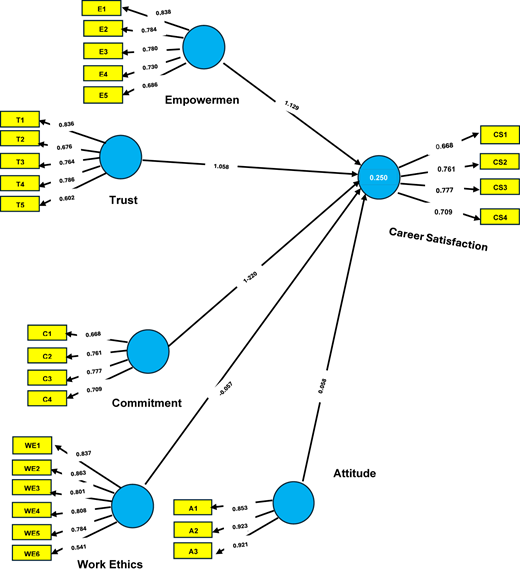 A structural equation model shows relationships between six latent variables.