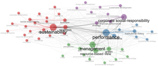 A network diagram showing relationships among sustainability, performance, and management related research themes.