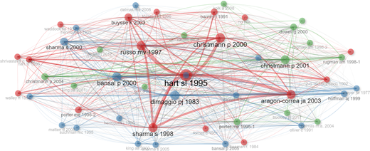 A network diagram showing co citation relationships among authors and publications in sustainability research.
