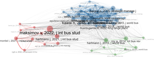 A network diagram showing citation relationships among recent publications in international business research.