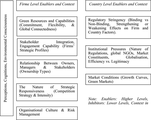 A diagram illustrates firm level and country level enablers and contextual factors related to environmental consciousness.