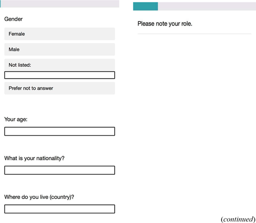 A form asks for gender, age, nationality, country of residence, and role. Gender options are Female, Male, Not listed, and Prefer not to answer. Blank text fields are provided for Not listed under gender, age, nationality, country of residence, and role.