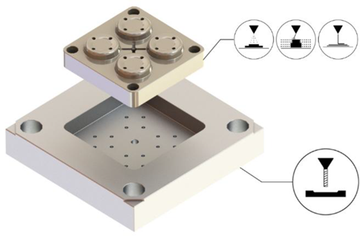 A 3D representation of a dual-part device, showcasing a top part with four circular features and a lower base with multiple holes, along with gauge symbols illustrating a process.