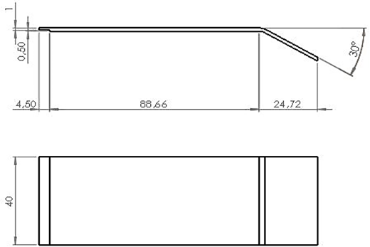 Technical drawing showing two views of a design with dimensions (mm) and angles indicated.