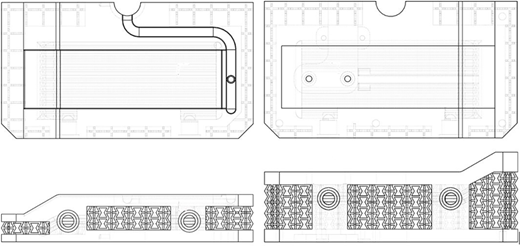 A technical drawing showing four views of a mechanical component, including top and side views, with detailed features such as holes and patterns.