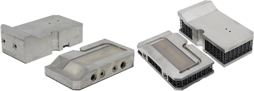 Two sets of metallic components are shown, featuring distinct shapes and designs, made by distinct manufacturing processes for injection moulding purposes.