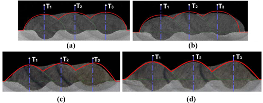 Four weld bead profiles are displayed with three measurement points T1, T2, and T3 marked vertically on each.