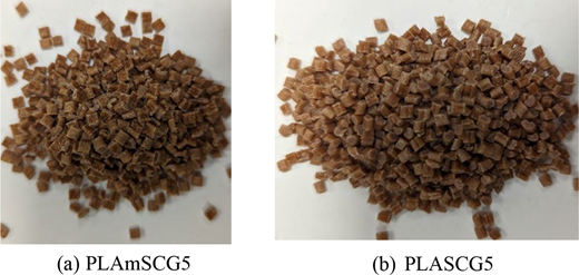 Two images side by side display granules labeled as PLA mSCG5 and PLASCG5, showcasing similar shapes and textures, placed against a white background.