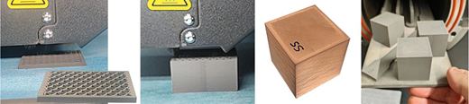 A series of images showing various stages of 3D printing and finished products, including a textured plate, cube prints, and a wooden box.