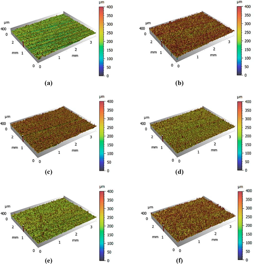Six 3D surface plots showing varying elevations in micrometers, each accompanied by a colour gradient scale for height measurement.