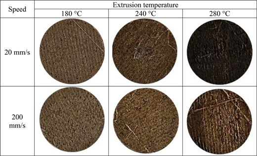 A six-sample surface comparison presents textures at 20 and 200 millimetres per second for extrusion temperatures of 180, 240 and 280 degrees Celsius.