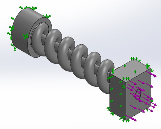 A three-dimensional model of a screw interacting with a rectangular object, showing directional arrows indicating flow patterns, with colors indicating different types of movements.