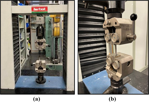 Two panels show a tensile testing setup. The panel a presents the full machine, and panel b provides a closer view of the specimen held in grips.