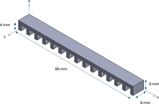 A 3 D schematic shows a finned structure with dimensions and coordinate directions.