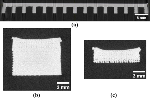 Three panels show printed structure and cross sections with scale bars of 8 millimeters and 2 millimeters.