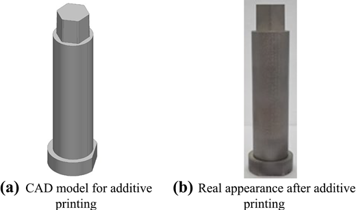 Example of a component after additive manufacturing, comparing the 3D CAD model intended for additive printing with the actual manufactured component.