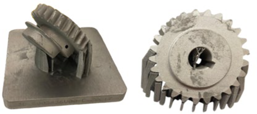 Two additive manufactured gear components show supported build orientation and completed gear structure after printing.