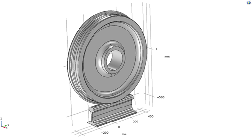 A 3-D C A D model of a mechanical wheel mounted on a rail section with labeled mm scale axes.