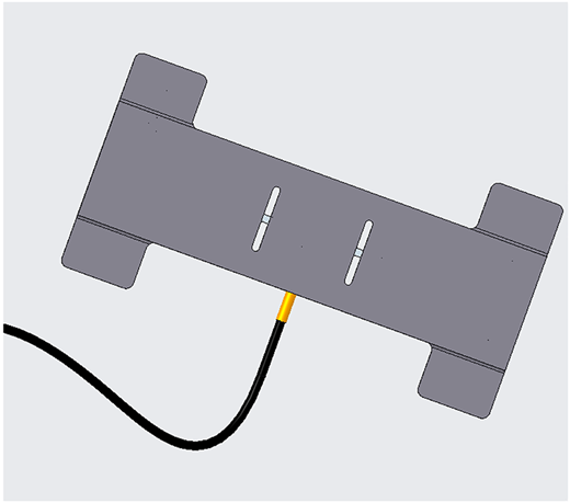 A gray I-beam with two vertical slots and an attached black cable at the center.