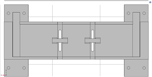 A gray sensor with two main slots, white inserts, fasteners, and mounting holes, shown from the bottom.