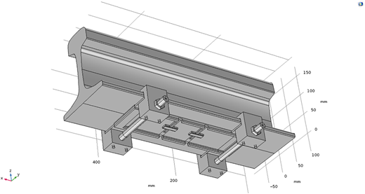 A 3-D C A D view of a rail cross-section with an attached sensor assembly and mounting brackets.