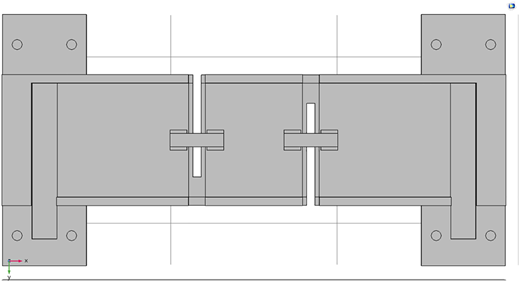A gray double-slotted sensor with two main slots, white inserts, and mounting holes, shown from the bottom.