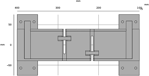 A double-slotted sensor with two main slots, white inserts, fasteners, and mounting holes, with a millimeter scale.