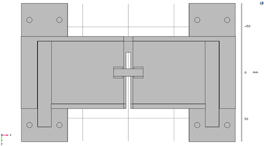 A bottom view of a gray single-slotted sensor with one slot, a white insert, a bar fastener, and four mounting holes.