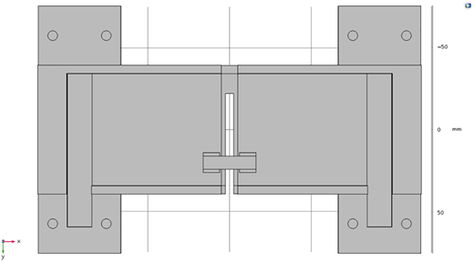 A bottom view of a sensor with one slot, a white insert, a bar fastener, four mounting holes, and edge-placed axes.