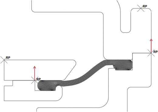 An engineering cross-section with four cross marks, each labeled R P.