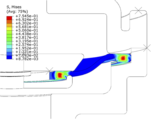A turbine component under load shows stress mapped from red high to blue low using von Mises analysis.