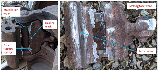 A pair of annotated photographs showing wear, cracks, and fracture surfaces on a mechanical component.