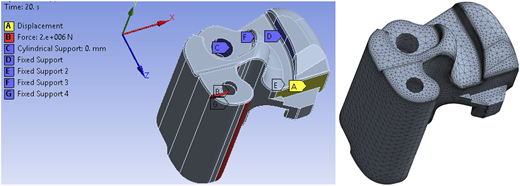 A side-by-side view of a mechanical component showing a setup on the left and a meshed model on the right.