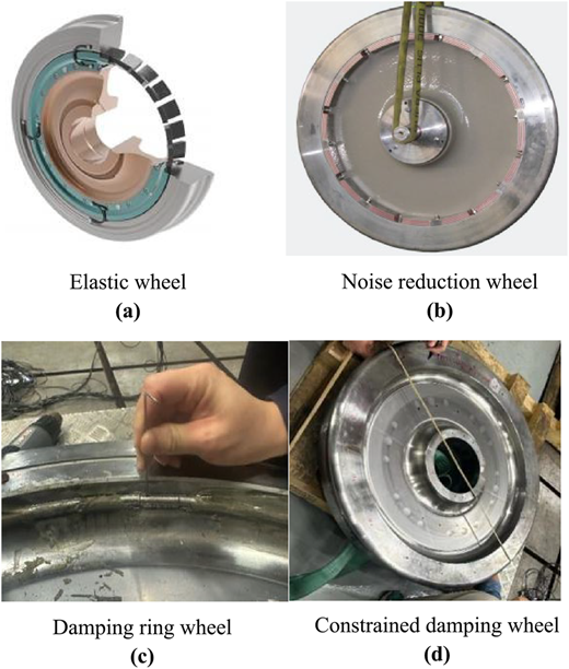 A figure shows four labeled images of different wheel designs with elastic and damping features.
