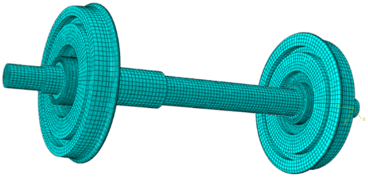 A rendering shows a meshed shaft with two flanged wheels at each end.