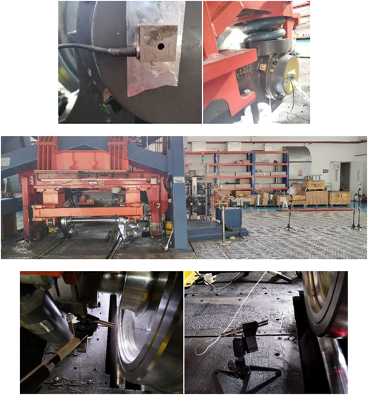 A figure shows six photographs of an instrumented wheelset test rig and close-ups of sensors near the wheels.