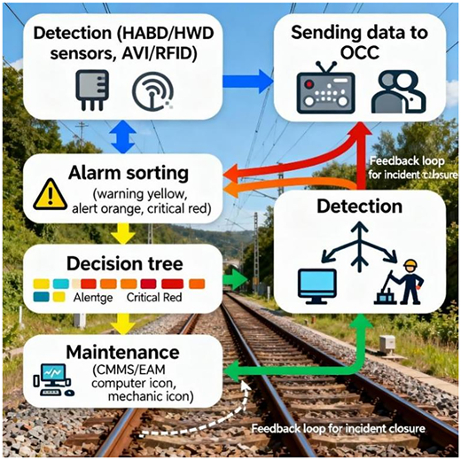 A flowchart shows detection, alarm sorting, a decision tree, maintenance, and data sent to “O C C”, with feedback loops.