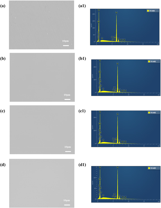 A multi-panel figure shows S E M surface morphologies and corresponding E D S spectra for four samples.
