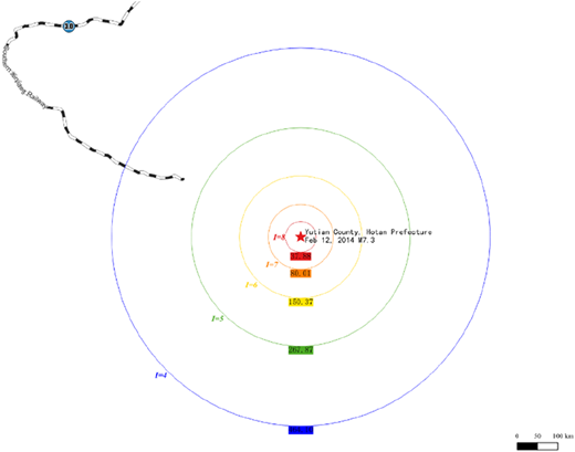 A map showing seismic intensity and railway lines for an earthquake in Yutian county.