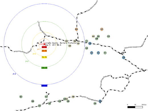 A map showing the distribution of seismic intensity and railway lines for an earthquake in Jinghe County, Bortala Mongol Autonomous Prefecture.