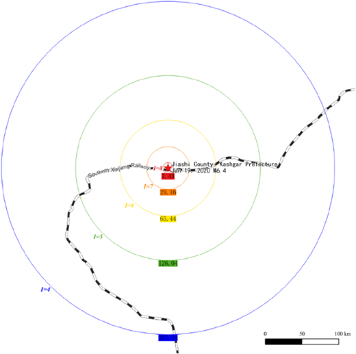 A map showing the distribution of seismic intensity and railway lines for an earthquake in Jiashi County, Kashgar Prefecture.