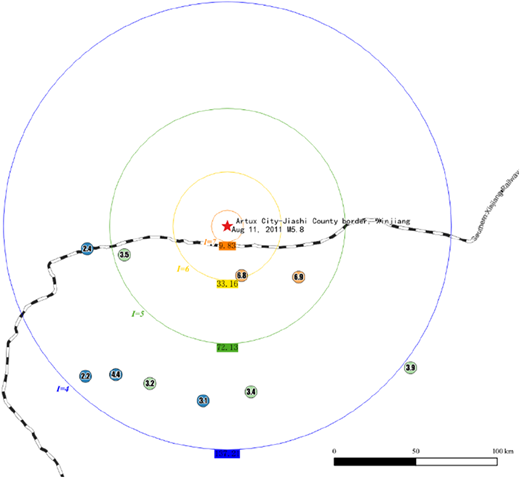 A map showing seismic intensity and railway lines in Xinjiang.