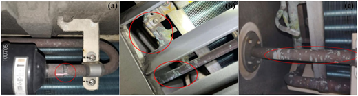 Three images of corrosion on metal parts.