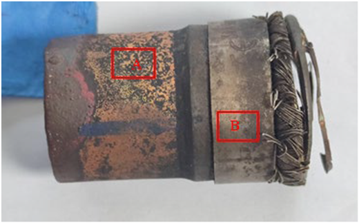 A corroded copper tube with labeled sections.