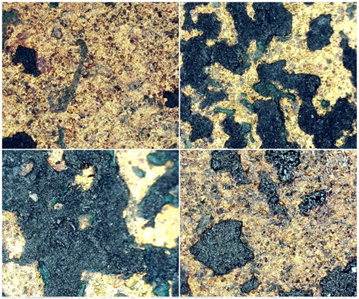 Four close-up images of corroded copper tube tails.