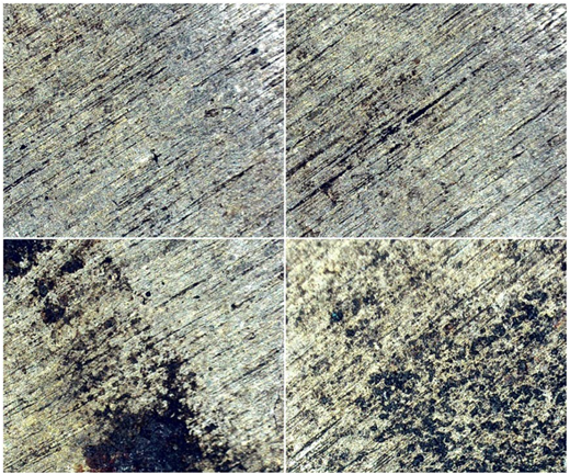 Four close-up images of corroded copper tube heads.