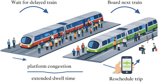An illustration of a train station with two trains and passengers.