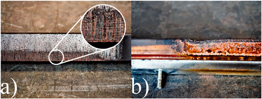 A comparison of mechanical wear and arc erosion wear on a material surface.