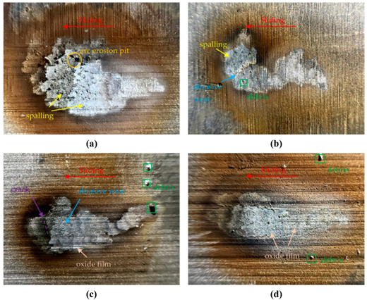 Four images of surface morphology of friction pair electrodes erosion under different relative humidity levels.