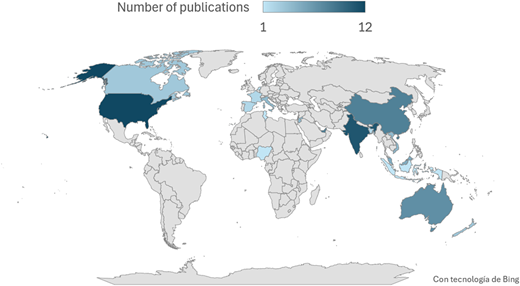A world map showing the number of scientific publications by country.